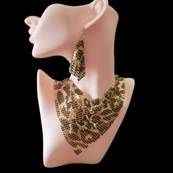 Leopard print gold mesh scarf necklace and earring set - Picture 1 of 5